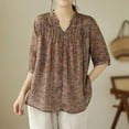 thumbnail image 2 of Luxalzxs Womens Summer Cotton Linen Tops Loose Casual Boho Floral Print Pleated Shirt Half Sleeve Notch V-Neck Tees Tops, 2 of 5