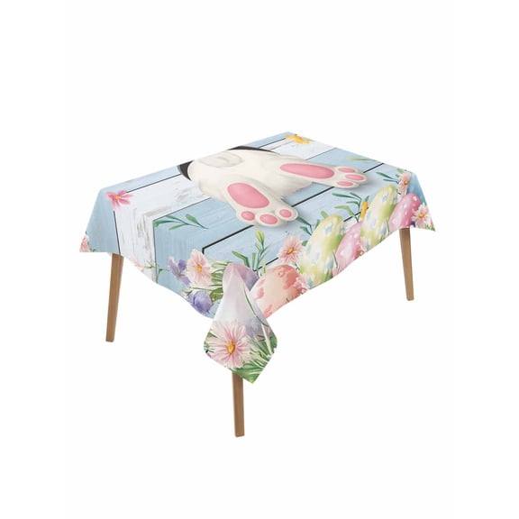 Easter Rectangle Tablecloth, Spring Bunny Feet Flowers Eggs Blue Wooden Grain Waterproof & StainResistant Tablecloth, Washable Oil-proof Table Cover for Dining/Party/Wedding/Camping/Buffet 52x70 In
