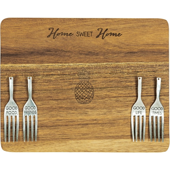 Pavilion Gift Company Sweet Home Pineapple 7 x 9 Inch Cutting Cheese Board, Set Of 4 Forks With Debossed Text, 9", Brown