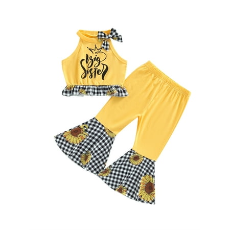 

Suanret Toddler Baby Girl Summer Clothes Set Letter Print Sleeveless Halter Neck Vest Sunflower Plaid Print Flared Trousers Yellow 2-3 Years