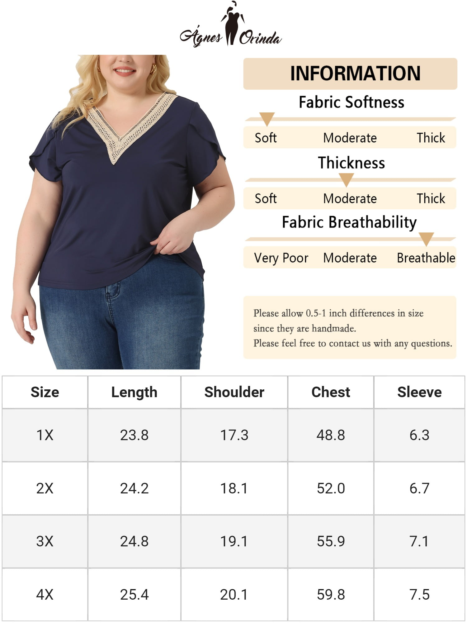 Unique Bargains Women Plus Size Casual Lace V Neck Short Sleeve Tunics Blouses Navy Blue 4X