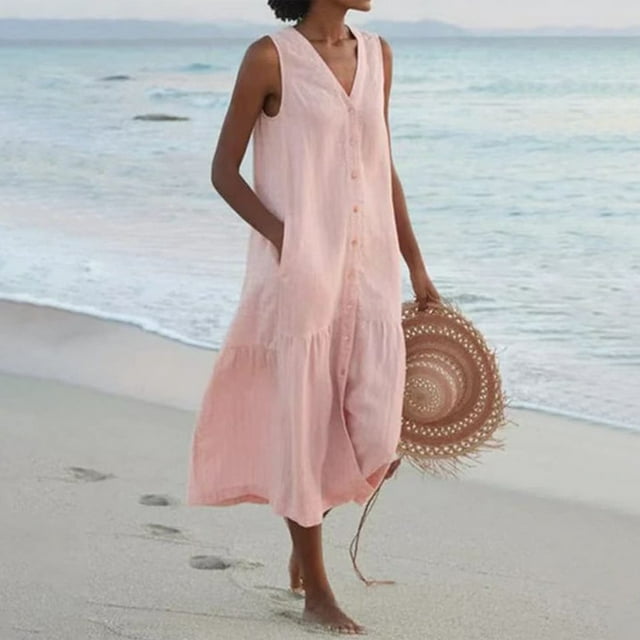 CHUANK Robes pour Femmes en Liquidation à Moins de 5,00 $ Robe Maxi Blanche pour Femmes Uni Col en V Sans Manches Robe à Boutons Coton Lin Longues Robes d'Été pour Femmes