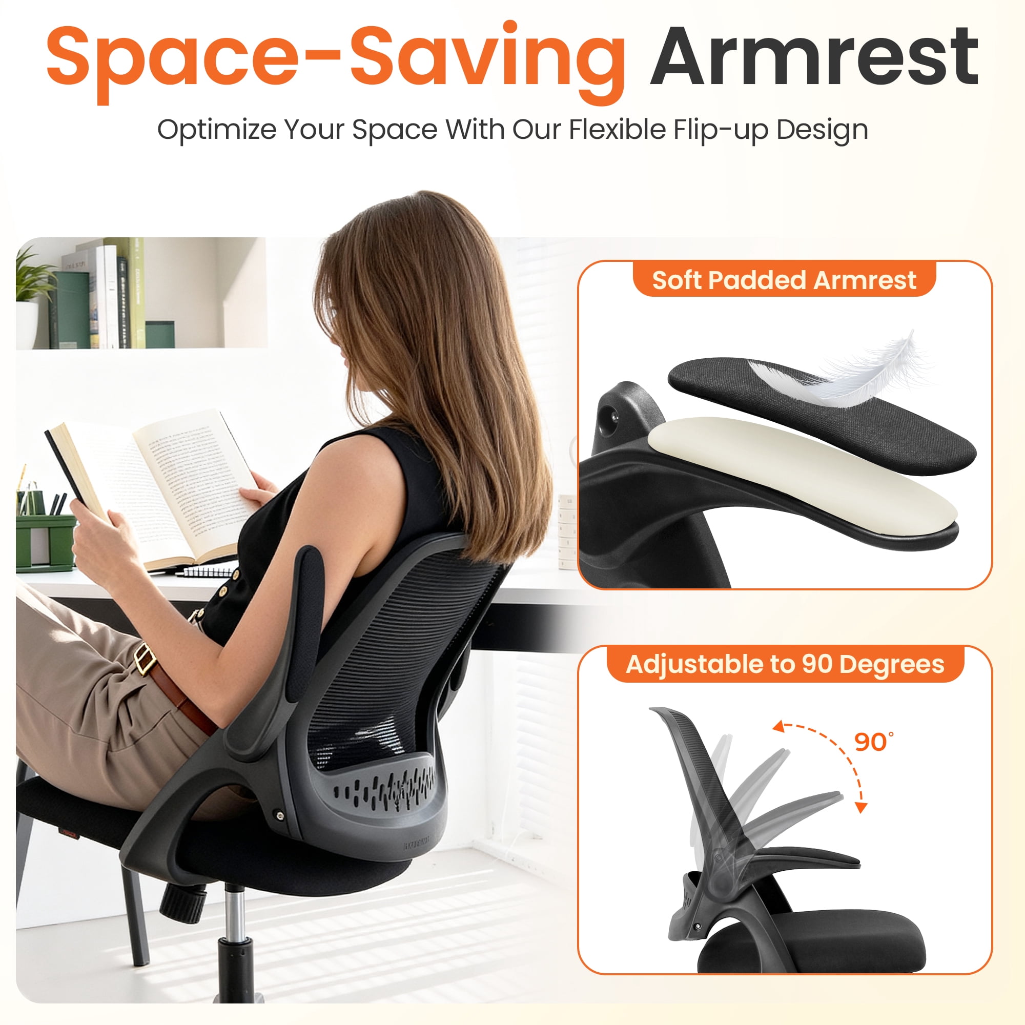 NEO CHAIR Office Chair Gaming Desk Computer Mesh Ergonomic Chair with Flip-up Arms Comfy Lumbar Support Adjustable Height Rolling Wheels Chair for Home Office (Black)
