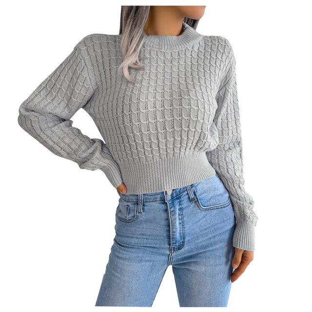 Yuyuzo 2025 Chandails pour Femmes Manches Longues Col Rond Hauts Courts Tricotés Automne Hiver Chandails Décontractés Couleur Unie