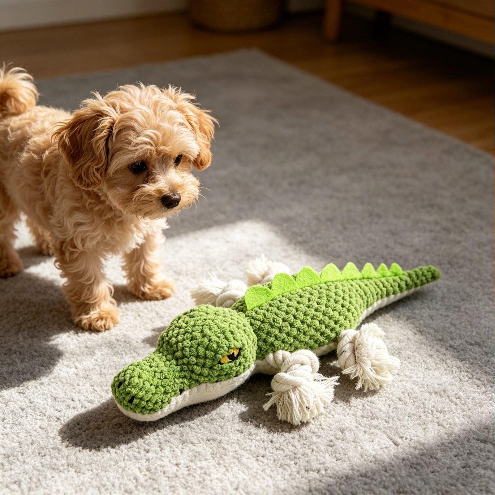 Squeaky Dog Toy Crocodile-Shaped Chew Toy with Rope Legs Plush Teething Toy Interactive Tug of War Toy for Small to Medium Dog Puppy