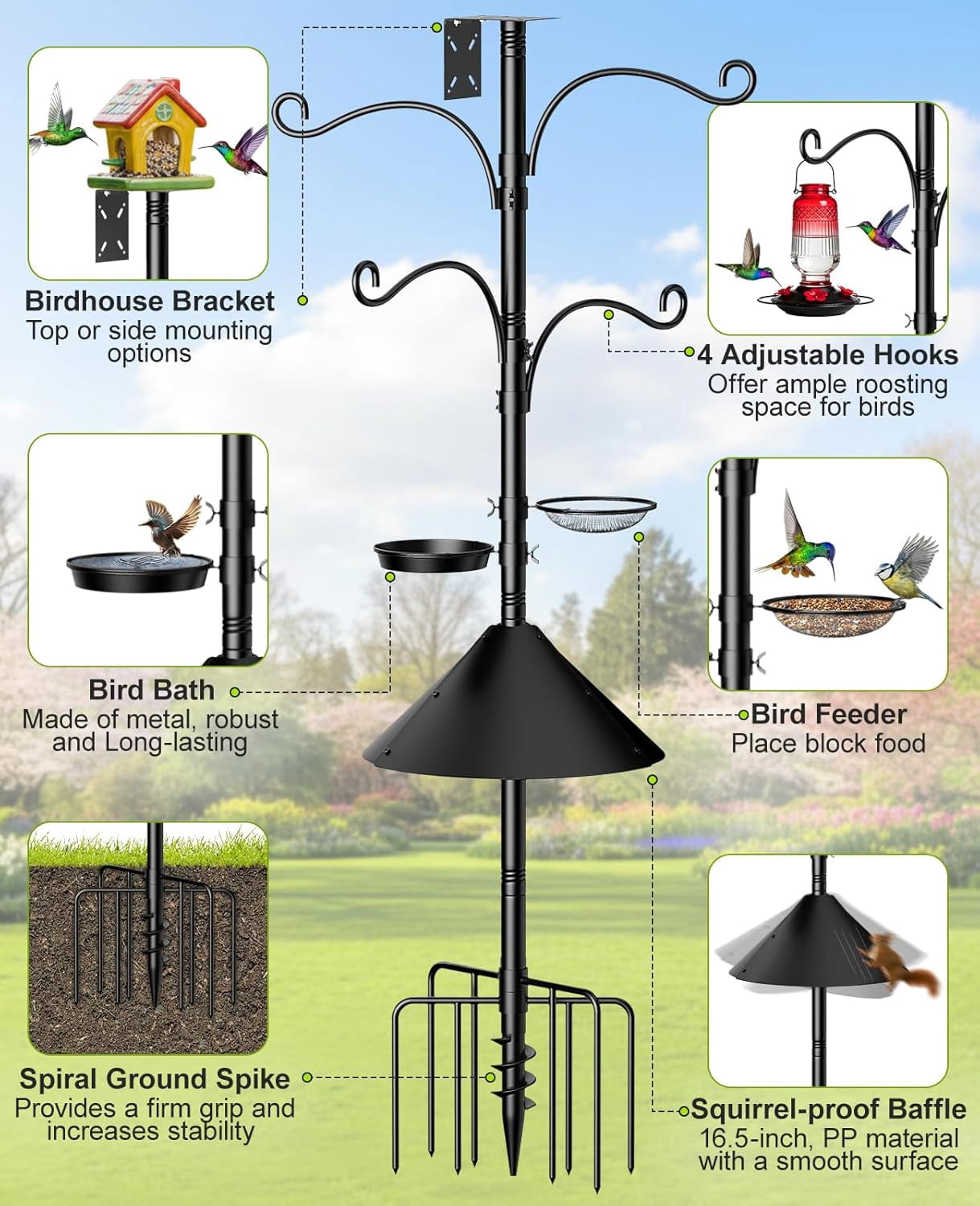 Bird Feeder Pole, 93" Shepherds Hooks Squirrel Proof for Outdoor, Adjustable Heavy Duty Birdhouse Pole Smart Feeder Stand with 4 Hooks & 9 Prongs Base & Squirrel Baffle for Hanging Plant,Garden Decor