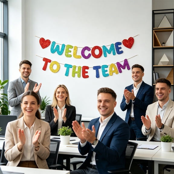 Welcome To The Teams Banner Glitter Paper Garland Party Sign Hanging Decoration Adjustable String Durable Cardstock Welcome Decor, For Office Team Event Meeting Classroom Sports Party Use