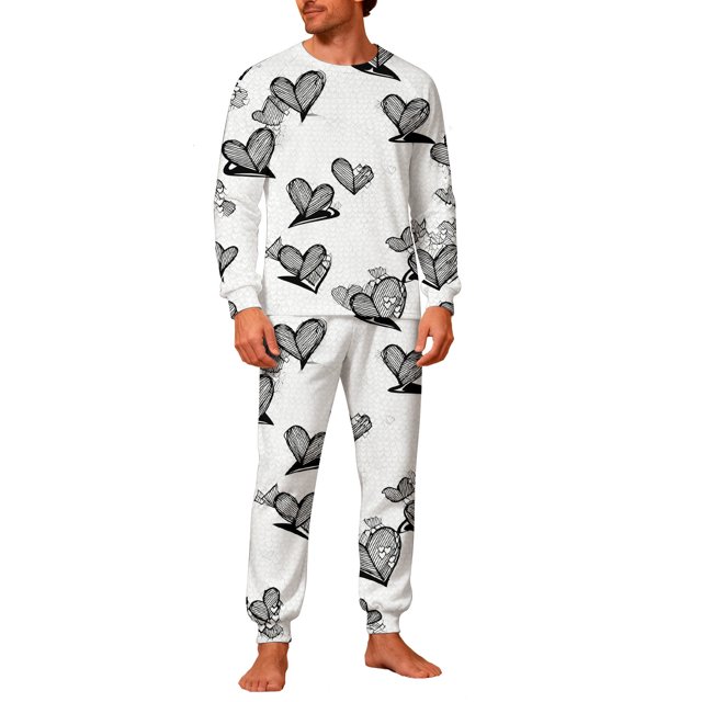 Pyjama pour Couple, Ensemble de Nuit Assorti pour Lui et Elle, Haut à Manches Longues à Col Rond avec Pantalon à Double Poche, Tenue d'Intérieur Douillette pour Cadeau de la Saint-Valentin, Détente à la Maison, Vêtement de Nuit Décontracté