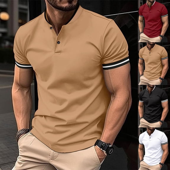 Men's Short Sleeve Golf Shirts Performance Pique Band Collar Tennis Tops Breathable Lightweight Regular Fit 2-Button Athletic Casual Summer Vacation Activewear