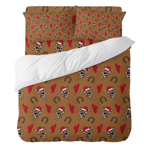 4 Pieces Duvet Cover Set Queen Size, Christmas Cactus Pattern Horseshoe Comforter Cover Bedding Sets, Red Cowboy Hat on Brown Bed Set Include 1 Duvet Cover,1 Bed Sheet,2 Pillow Shams
