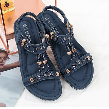

HIMIWAY Womens Sandals Sandals Women Shoes for Woman Crystal String Bead Round Toe Platform Retro Suaves Sandalias Navy 36