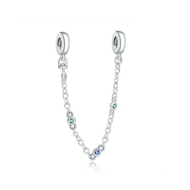 925 Sterling Silver Blue Stone Safety Chain Charm for Women Moment Charm Bracelet