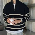 thumbnail image 2 of Suéteres de punto para hombres, jerseys de estilo coreano, ropa negra para hombre, cuello con cremallera, rayas de algodón, informal, grueso, cálido para invierno, 2 of 4