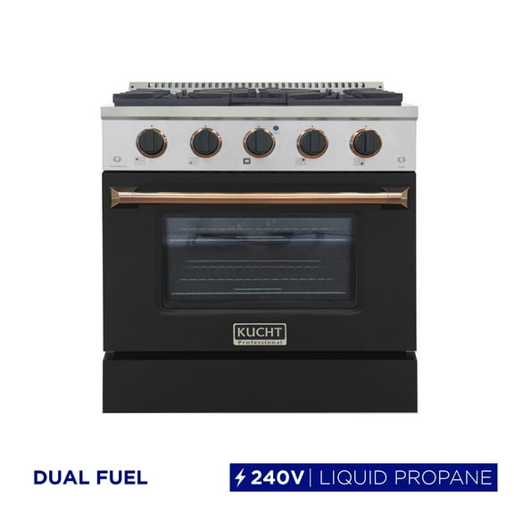 30 in. 4.2 cu. ft. Dual Fuel Range Propane Gas in Rose Gold Handle & Ring Knobs.