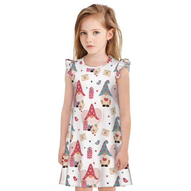 Fotbe Gnome With Love Letter Vestido de Dormir para Niñas de 3 a 10 Años, Mangas Cortas, Estilo Princesa, Pijama Camisón con Mangas Voladas-Large