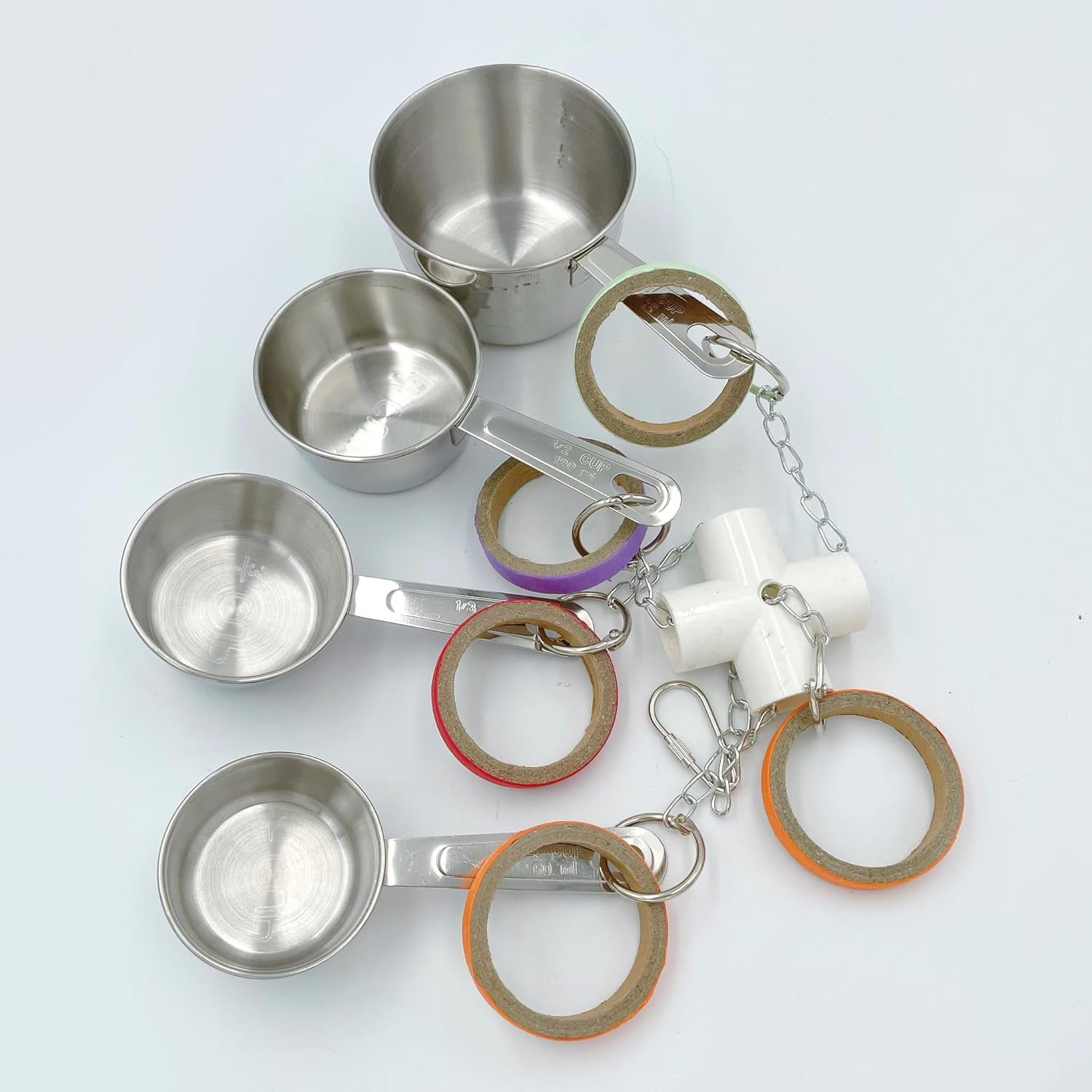 Durable Bird Parrots Toys, Pullable Stainless Steel Cup and Cardboard Ring Toys for Amazons Macaws African Greys Cockatoos Eclectus