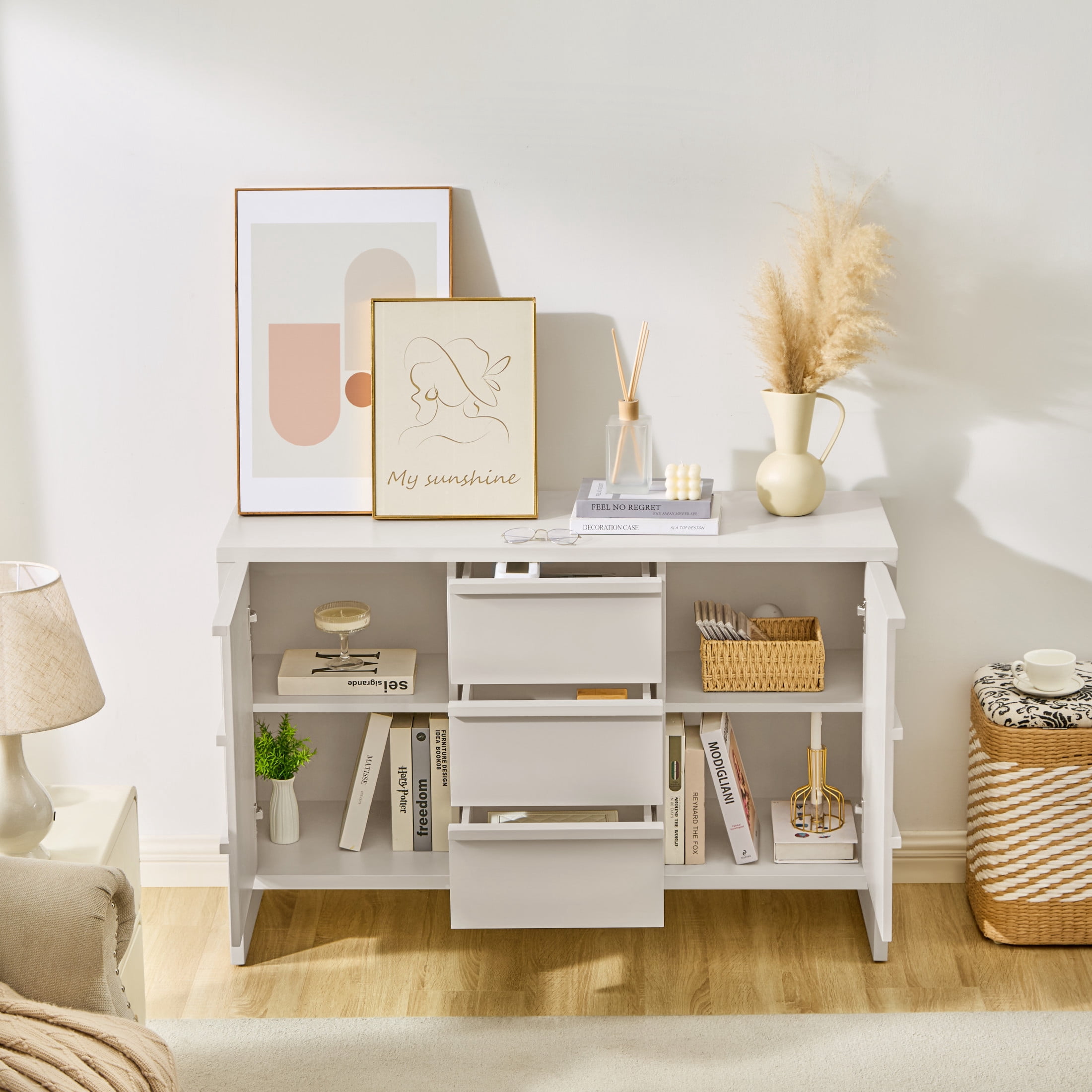 GDF Studio 47.3-Inch Sideboard Buffet Cabinet with 2 Doors, Drawers & Adjustable Shelves, White