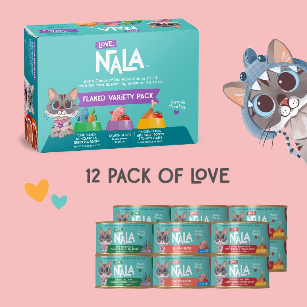 LOVE, NALA - Natural Adult Cat Wet Food - FLAKED Variety Pack - Salmon, Tuna, Chicken - Grain Free, Non-GMO, Lean Protein, Omega 3, Digestive Fiber Blend, Added Minerals & Vitamins - 12 Pack 2.4 lbs.