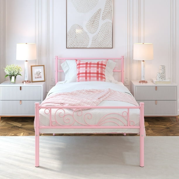 WeeHom Twin Size Metal Bed Frame for Girls Kids Single Platform Bed