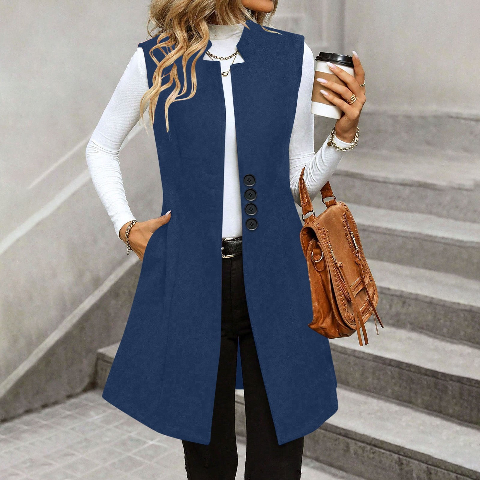 Long Waistcoat Women Fall Winter Sleeveless Vests Suit Elegant Cardigan Blazer Waistcoat with Pockets Ladies Insulated Jacket Navy XL