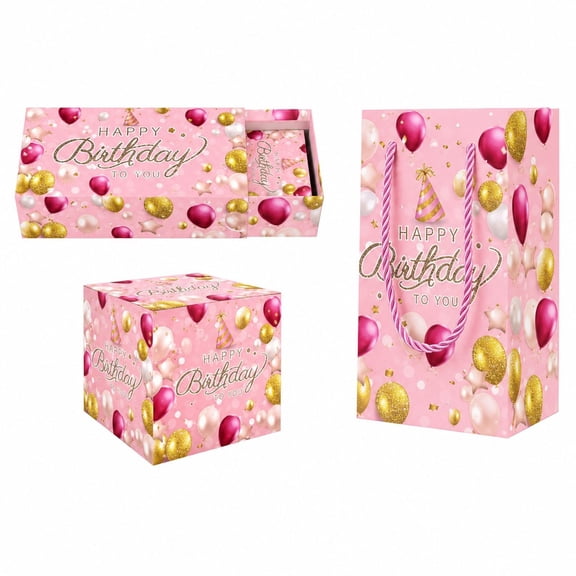 Happy Birthday Surprise Gift Box, 10-Piece Pink Pull-Out Explosion Box with Gift Bag & Glitter for Birthday Party Gift Surprise
