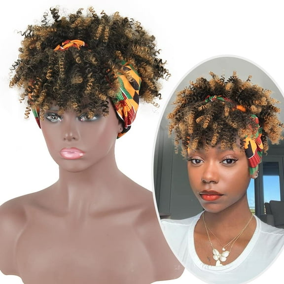 FGERFE-Short Afro Kinky Curly Wigs for Black Women Natural Black Curly Headband with Bangs Synthetic Curly Wigs with Head Wrap 2 in 1 for Women Curly Full Scarf Wigs