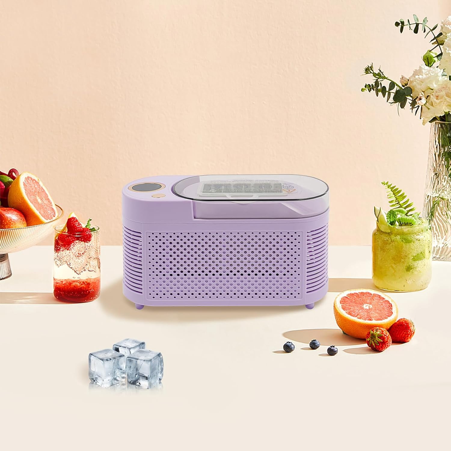12V/AC Dual Power Quiet Compact Ice Machine with Clear Cover and Clip, Portable Small Ice Maker, Mini Ice Cube Maker Countertop, for Home Kitchen, Camping RV, Dormitory, Office (Purple)Q