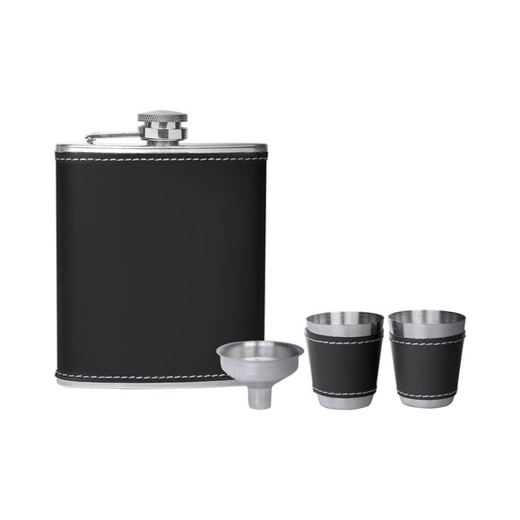 Paquete con 35 piezas de Licorera con vasos metálicos, embudo y caja
