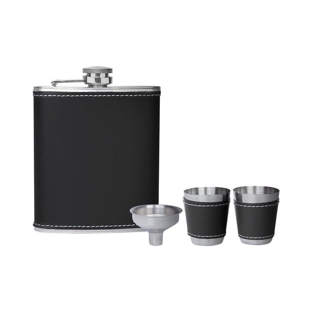 Paquete con 35 piezas de Licorera con vasos metálicos, embudo y caja