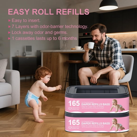 Square Starter Refills Disposal Bags Refill Compatible with Genie Diaper Compact,Select Pails (Not Fit Classic Version Pails), Hold Up to 165 Newborn-Sized Diapers Per Refill,6 Pack