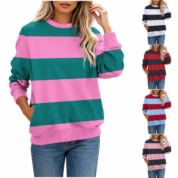 Jsaierl Women's Basic Lightweight Wide Striped Crewneck Sweatshirts Soft Casual Everyday Tops S-3XL