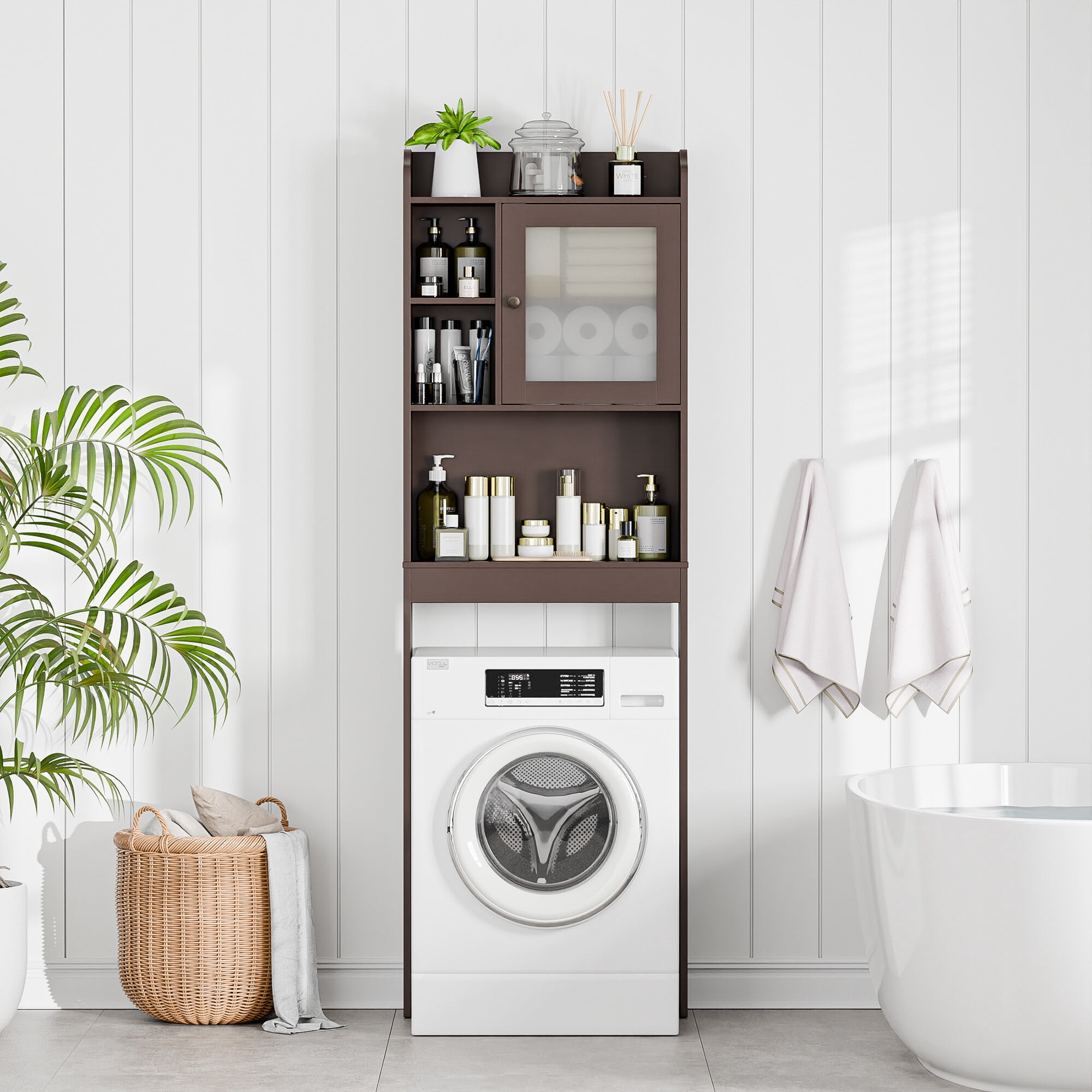 ZENY Over-The-Toilet 68.3"H Bathroom Storage Cabinet Wood Frame 3 Tiers, Brown