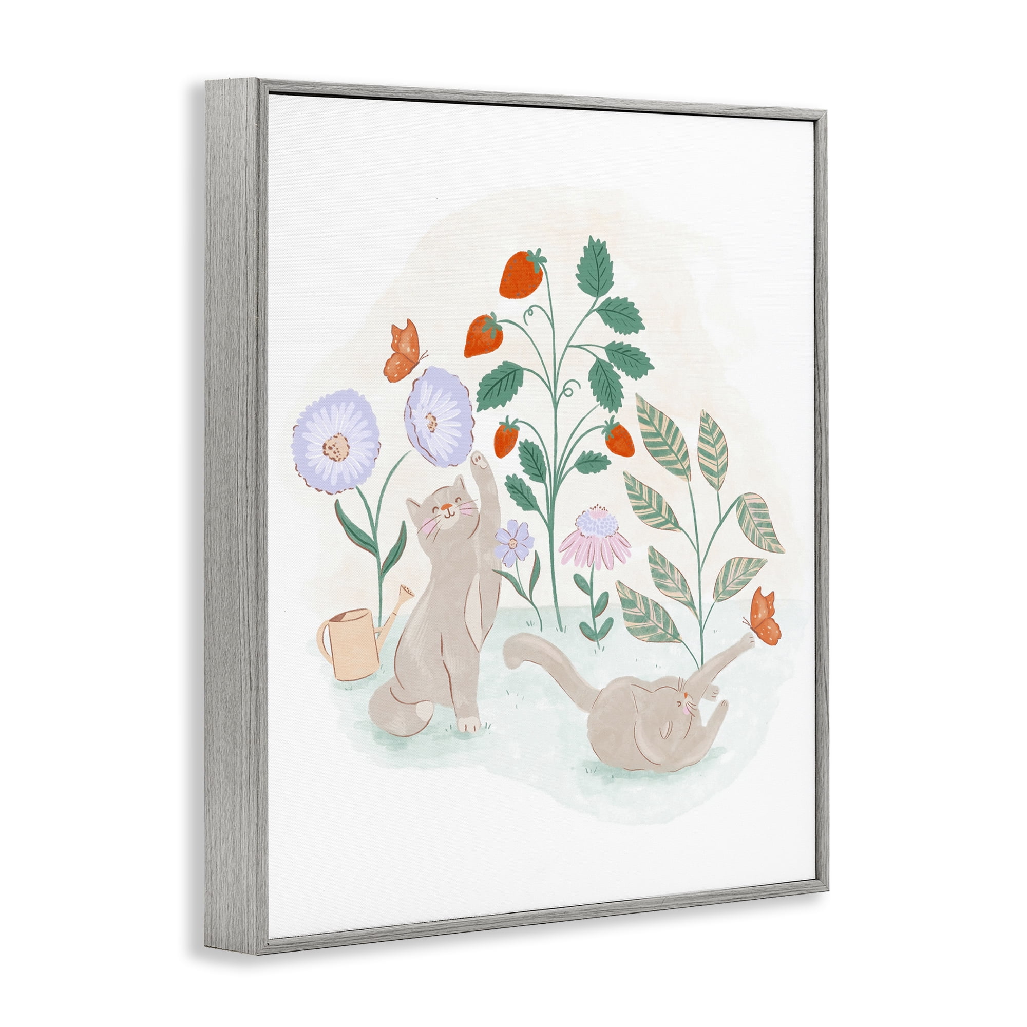 Stupell Industries Cats Playing in Garden Animals & Insects Painting Gray Framed Art Print Wall Art, 16 x 20