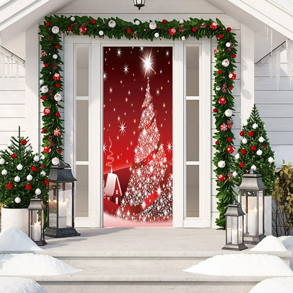 Christmas Door stickers Merry Christmas Red Christmas Tree Door Banner Xmas Door Decoration for Home Office Happy New Year wall stickers,SP-F231,S(38.5x200cmx2Pcs)