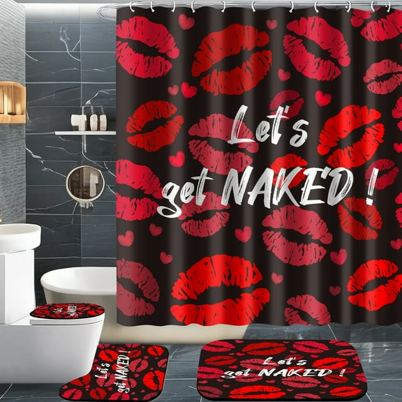 Planially 4 Pcs Shower Curtain Set with Rugs Toilet Lid Cover Mat Red Lips Bathroom Sets