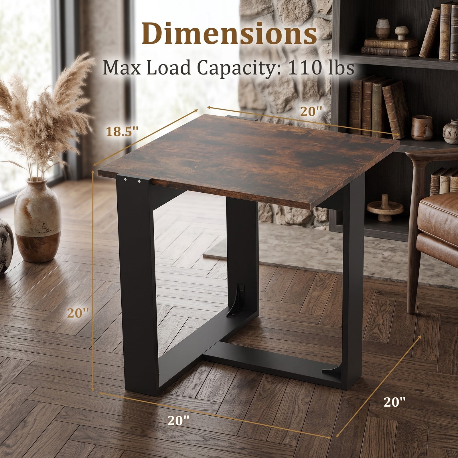 Furnibear Industrial Sofa End Table with Metal Frame, Wood Side Table Nightstand with T-Shaped Base for Living Room Bedroom, Space-Saving Media, Rustic Brown & Black