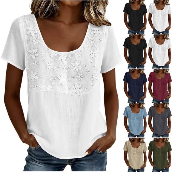 cocolona Womens Summer Trendy Linen Tops U Neck Short Sleeve Embroidery Shirts Solid Color Dressy Casual Blouses