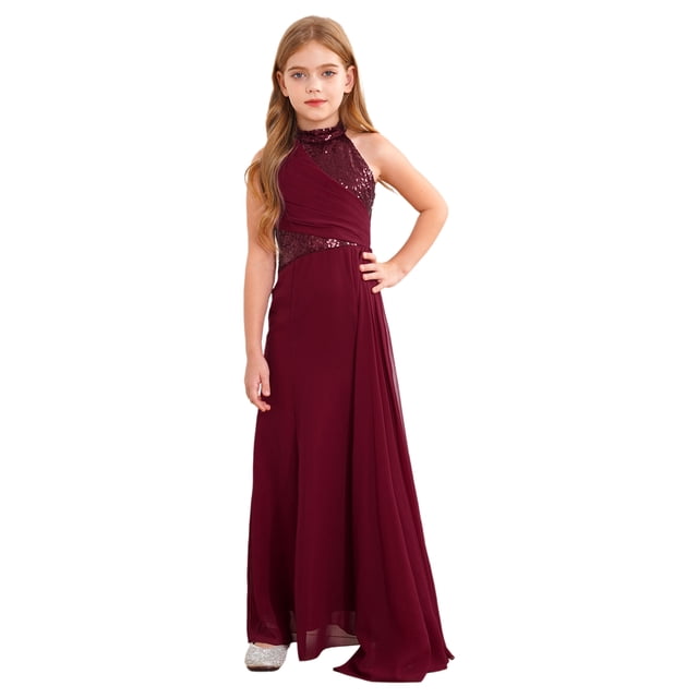 Sxiwei Robe Maxi à Sequins pour Filles Juniors Robe de Demoiselle d'Honneur pour Mariage Froncée Longueur au Sol Robe de Soirée Formelle Bourgogne 16