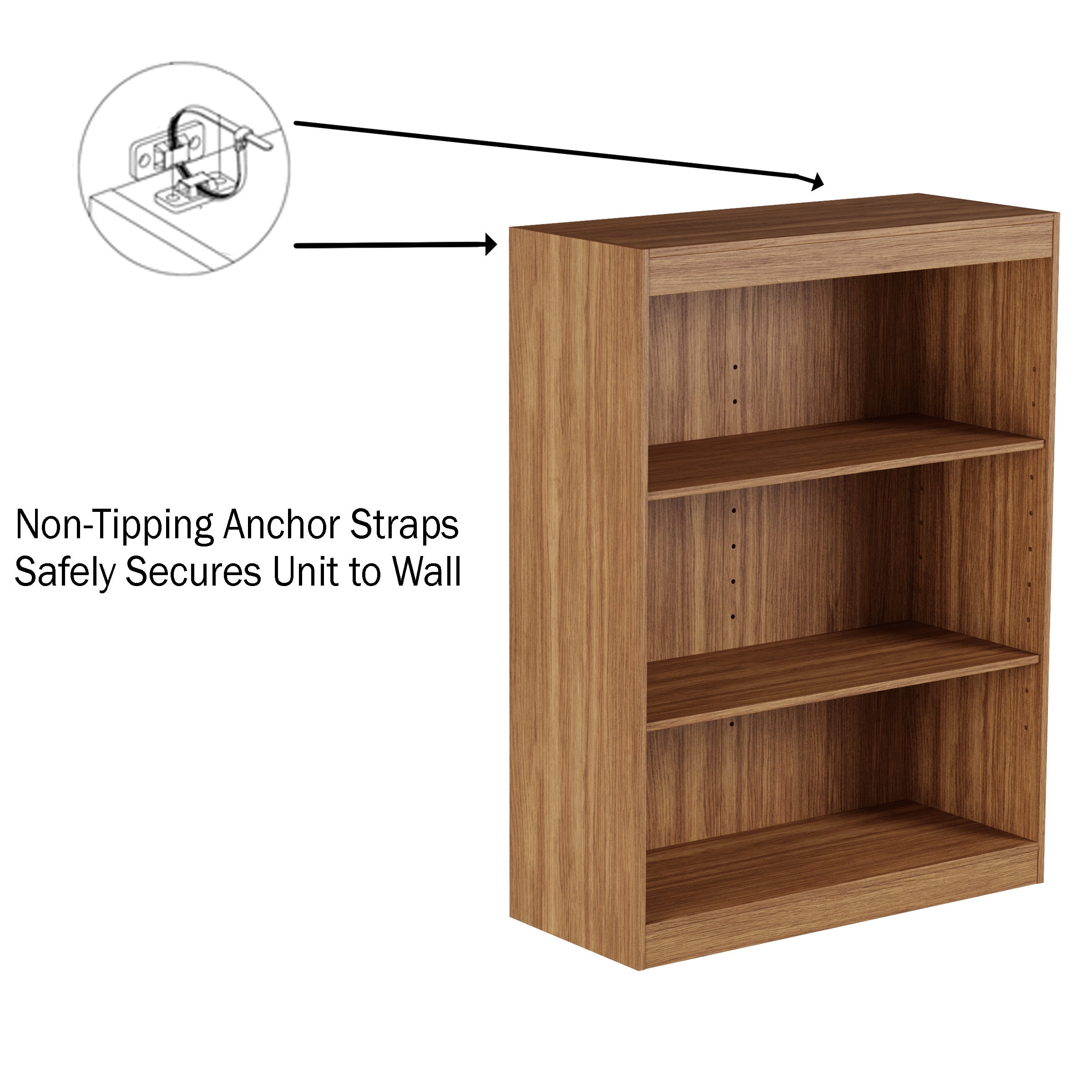 Somerset Home 3 Shelf Bookcase Open Front Bookshelf with Adjustable Shelves, Brown