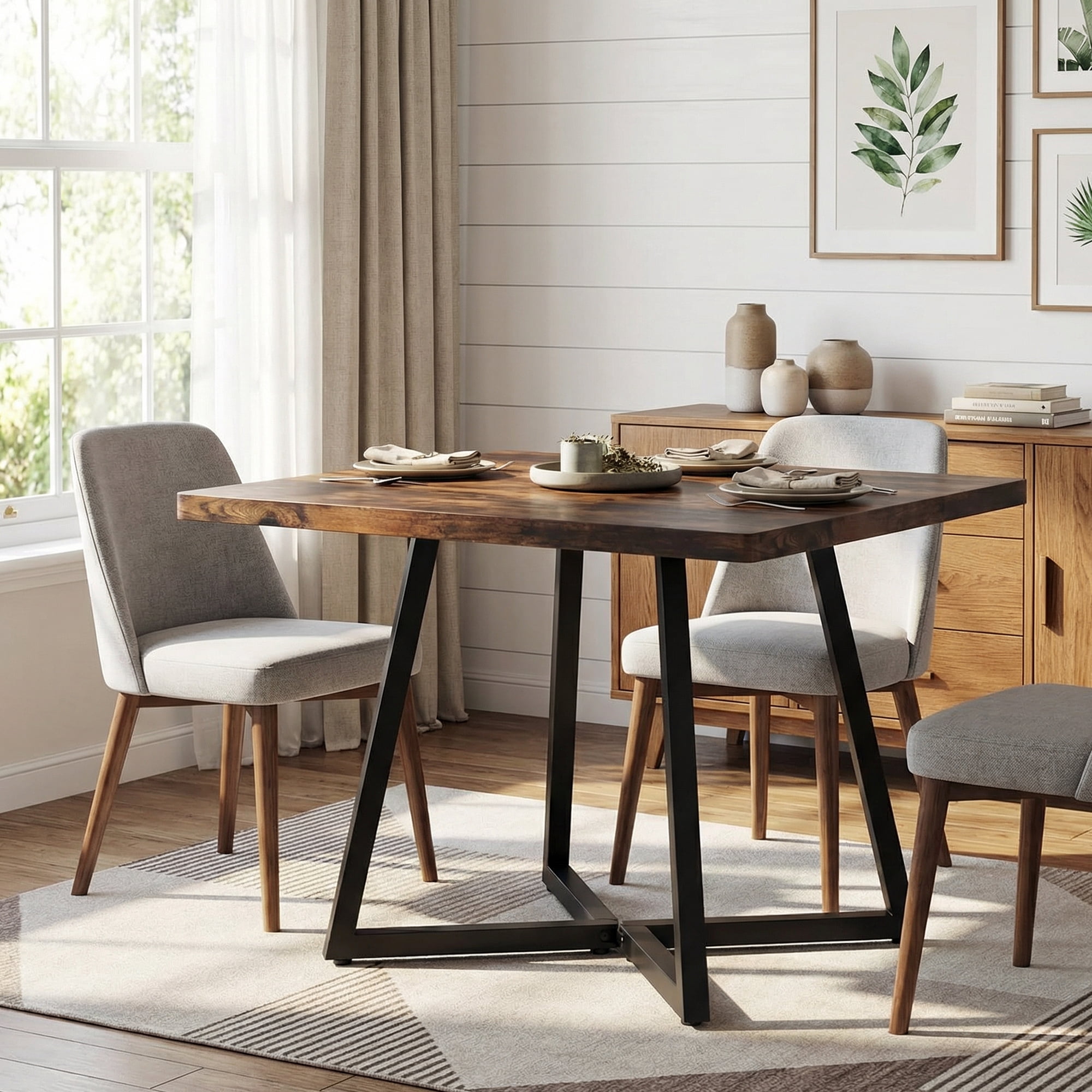 31.5 Inch Square Dining Table, Industrial Style Small Kitchen Table With Sturdy Black Metal Base, Space-Saving Dinner Table For 2-4 People, Brown Finish For Rustic Home Decor