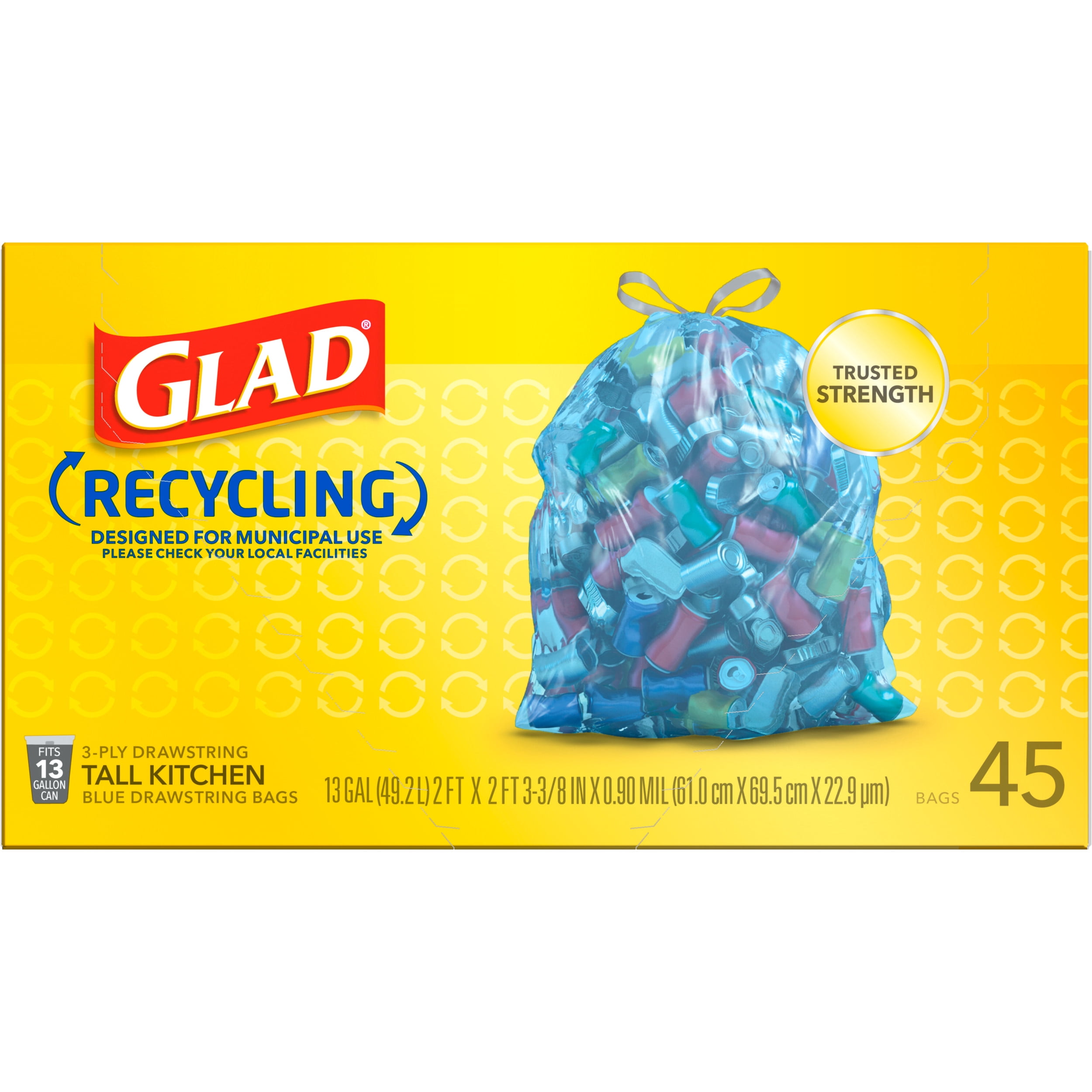 Glad Recycling 13 Gallon Blue Drawstring Tall Kitchen Trash Bag, 45 Bags