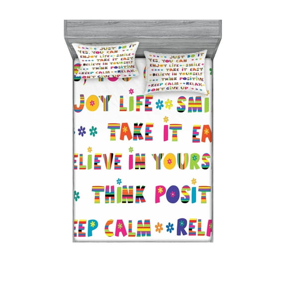 Ambesonne Colorful Fitted Sheet & Pillow Sham Set, Slogans, Full, Multicolor