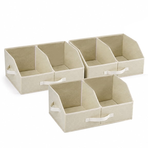 Adjustable Divider Closet Shelf Organizers 3 Pack Beige Linen Fabric Storage Baskets with Handles, Non-Woven Wardrobe Bins for Home 16.5 x 11 x 7.9 inch