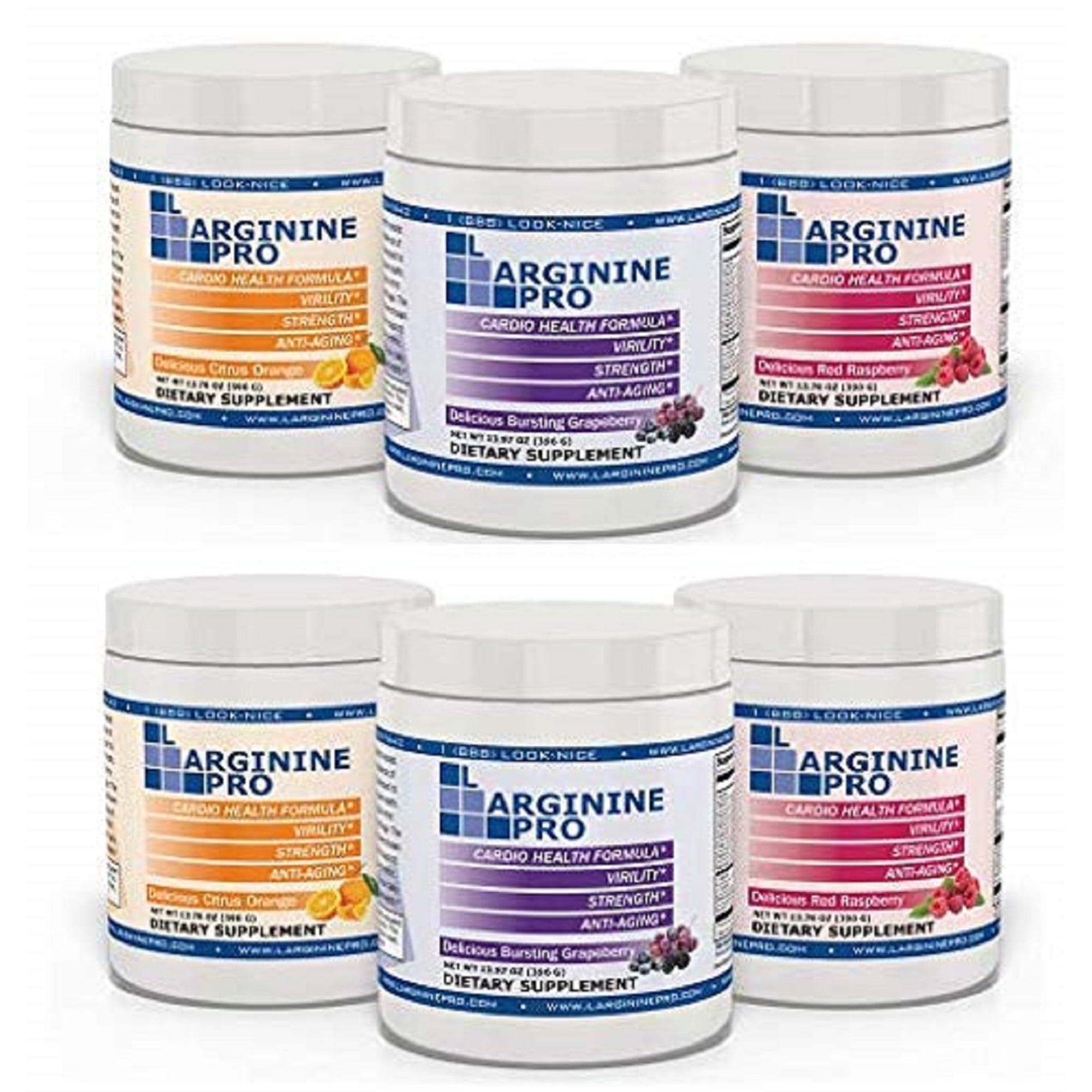 L-Arginine Pro Powder - 5500mg L-Arginine, 1100mg L-Citrulline Cardio Health 6-Pack (2-GrapeBerry / 2-Citrus Orange/2-Raspberry)