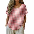 thumbnail image 2 of MORESEC Women Cotton Linen Plus Size Short Sleeve Plaid Tunic Tops Round Neck Casual Loose Tee Shirts Summer Vacation Beach Clothes, Red M, 2 of 6