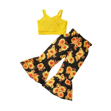 

Frobukio Kids Toddler Girls 2Pcs Clothes Suit Sleeveless Off Shoulder Neck Vest Tops High Waist Print Flare Trousers Yellow 18-24 Months