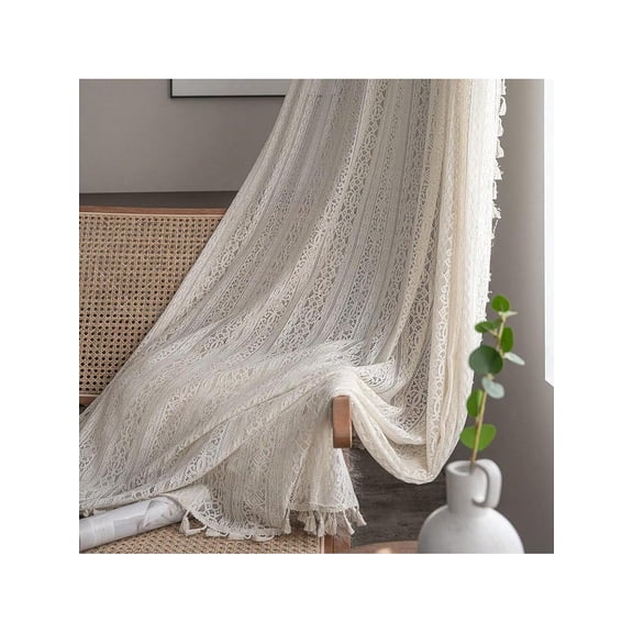 Boho Lace Curtains For Bedroom 96 Inch Long 2 Panel Bohemian Farmhouse Vintage Crochet Sheer Privacy Light Filtering Tassel Drapes Beige Lace02