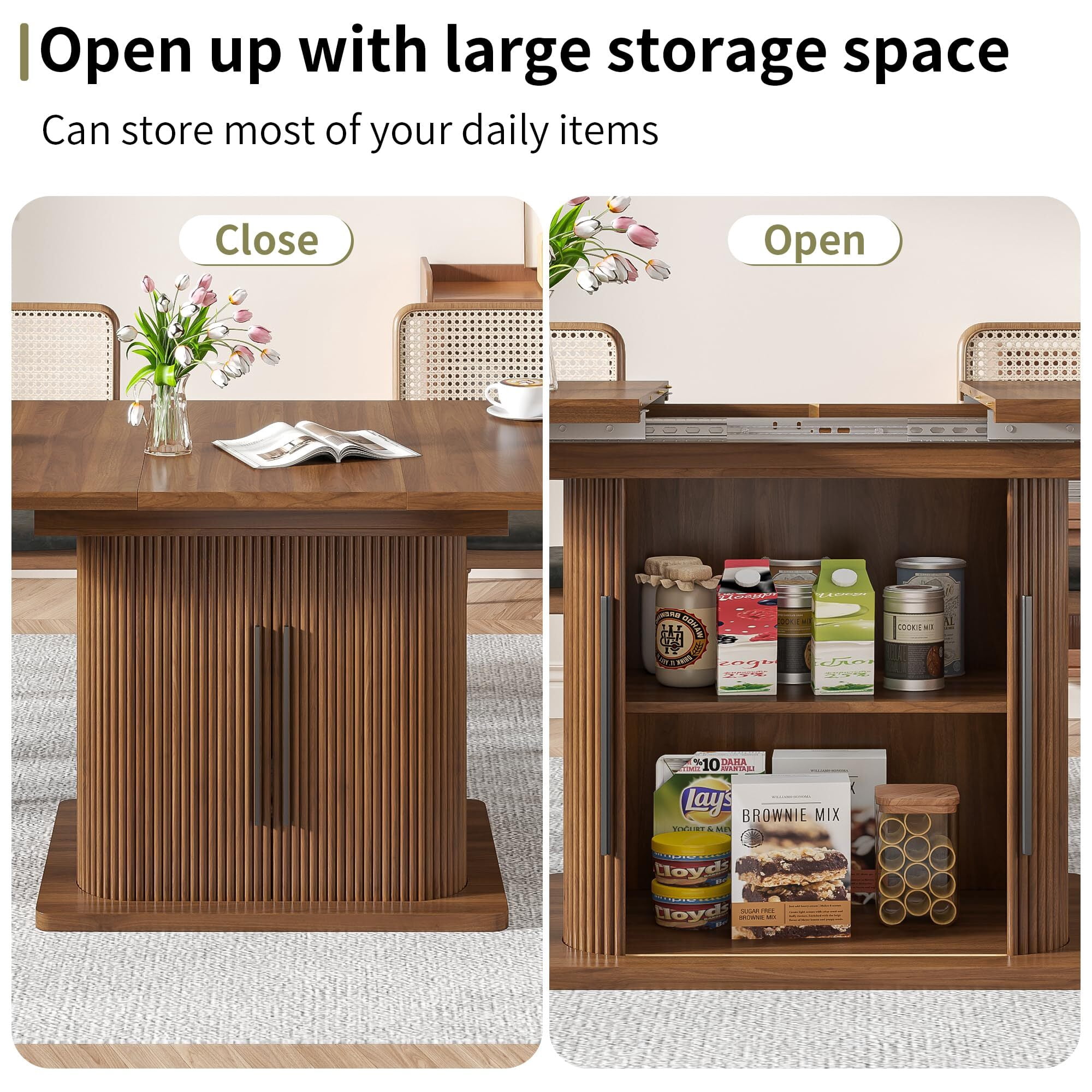 Extendable Black Dining Table 47-65", Seats 4-6, Fluted Wood Kitchen Table with Storage, Sliding Doors, Space Saving, Walnut