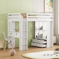 thumbnail image 2 of Twin Size Loft Bed with Large Shelves, Writing Desk and LED Light, Solid Wood Loft Bed Frame with Ladder and Safety Guardrails for Kids Girls Boys Bedroom, No Box Spring Needed, White, 2 of 7