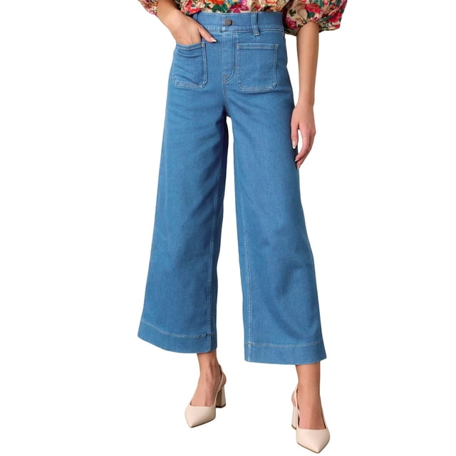 Jeans Allimy, casual, cintura alta, pernera ancha y corta, para mujer